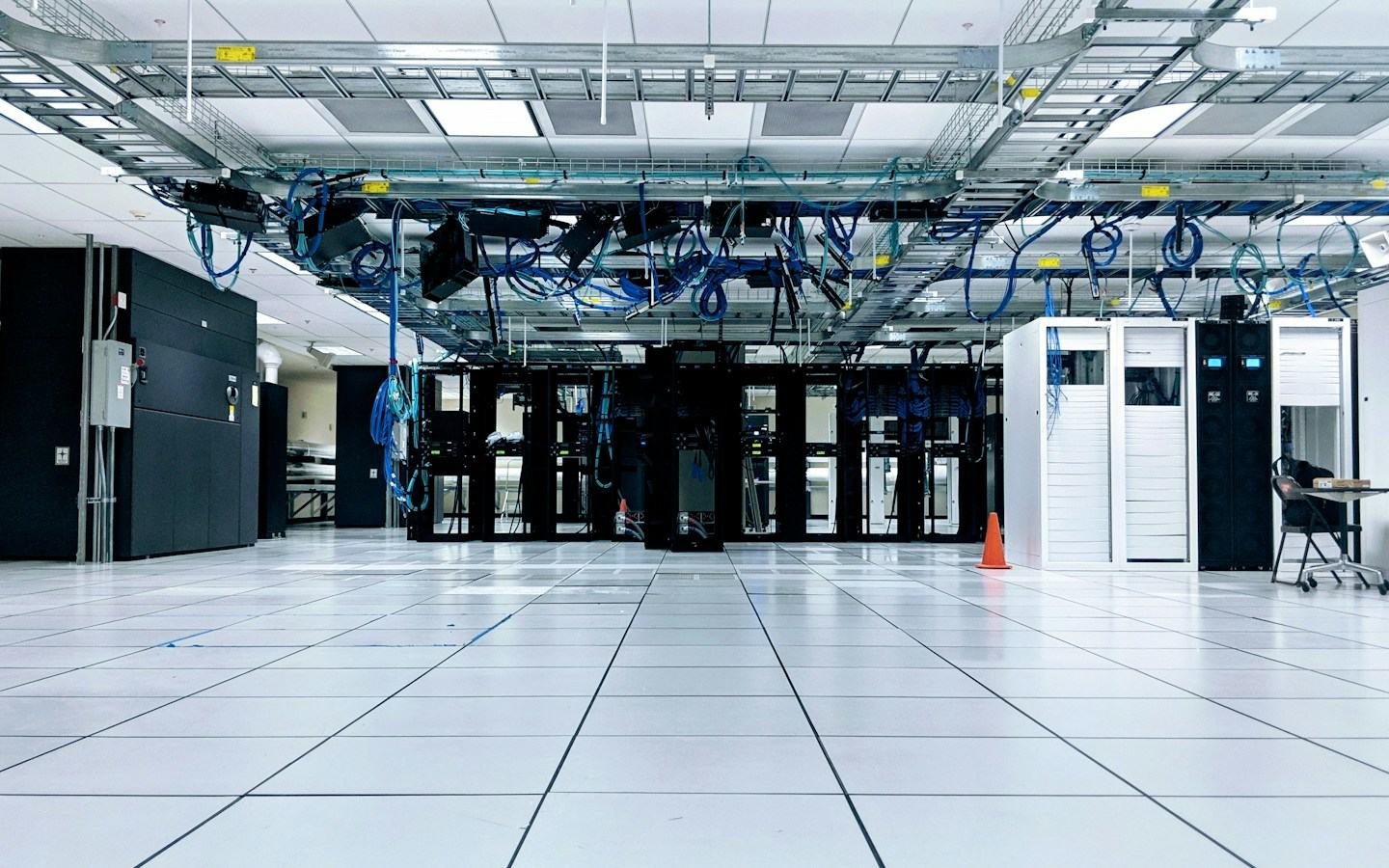 Data centre white space with racks and overhead cable trays